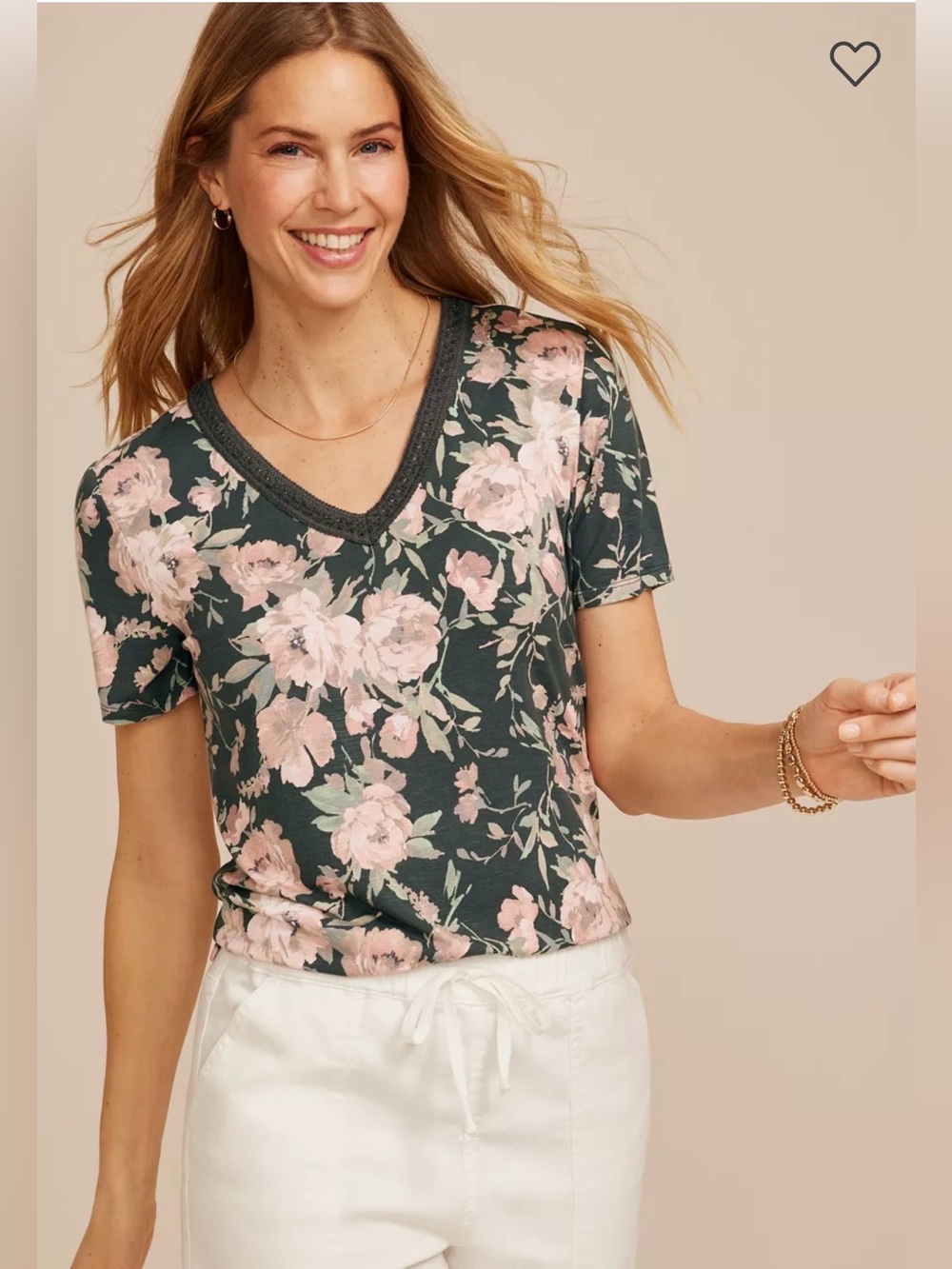 Maurices Large Floral Crochet Trim V Neck Tee NWT